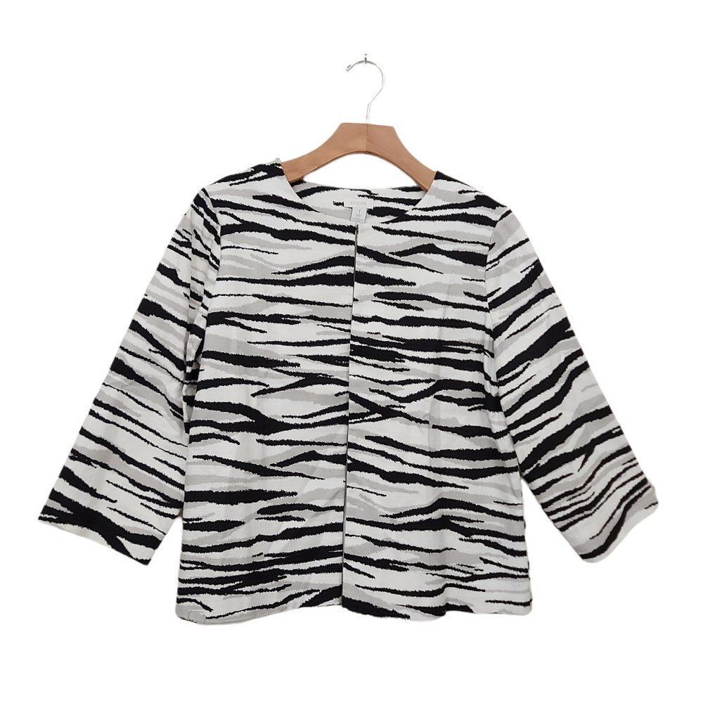 Chico's Jacket Womens Medium White Black Lined 3/4 Sleeve Zebra Print Casual